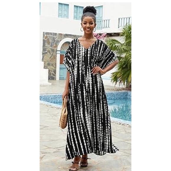 RUNAWAY CHILD Black White Tie Dye Kaftan Beach Coverup Maxi Dress Hand Made OS - Picture 1 of 15
